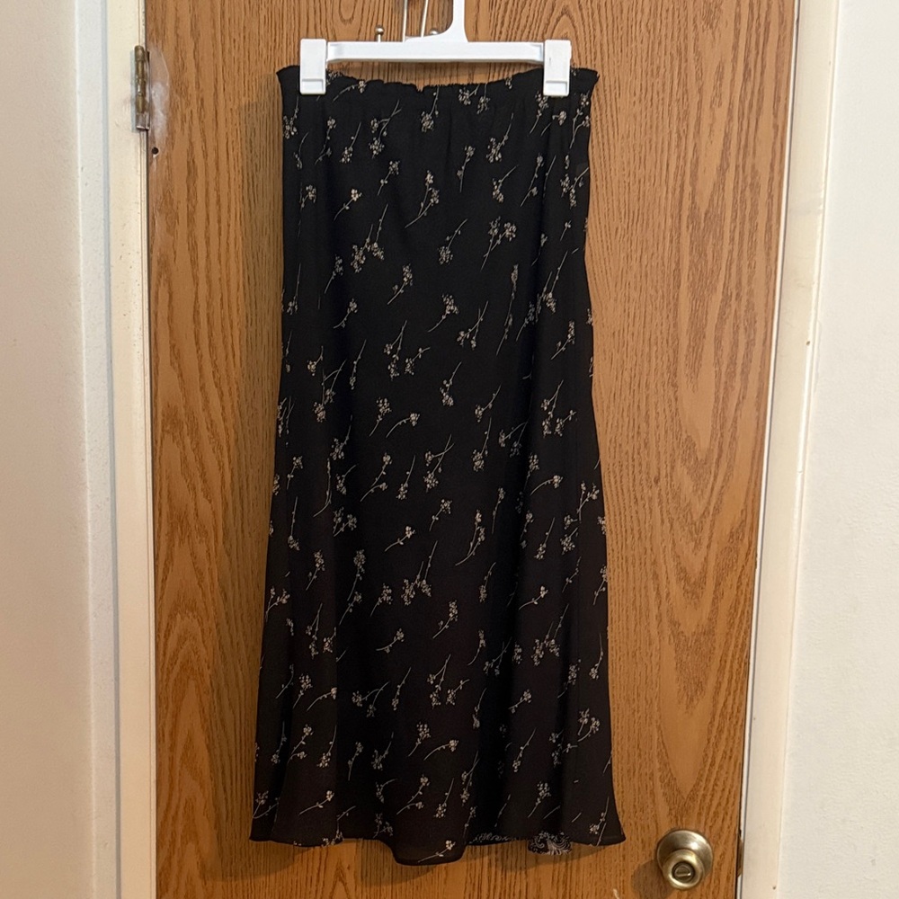VTG Unbranded Handmade Reversible Black Tan Floral Chiffon Maxi Skirt Size M/L